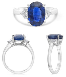 3.81CT DIAMOND & AAA SAPPHIRE PLATINUM OVAL & TRAPEZOID 3 STONE ENGAGEMENT RING