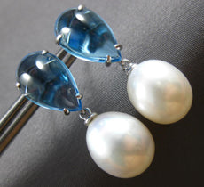 9.78CT AAA BLUE TOPAZ & PEARL 14KT WHITE GOLD 3D PEAR SHAPE FUN HANGING EARRINGS
