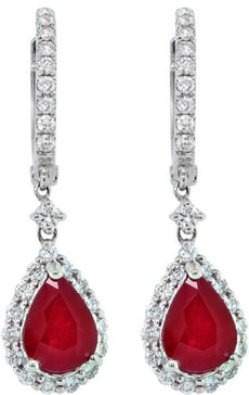 3.24CT DIAMOND & AAA RUBY 18KT WHITE GOLD 3D PEAR SHAPE & ROUND CLASSIC EARRINGS