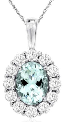 1.85CT DIAMOND & AAA AQUAMARINE 14KT WHITE GOLD 3D OVAL & ROUND FLOATING PENDANT