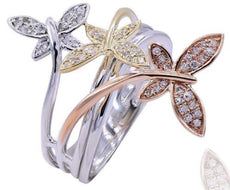ESTATE .20CT DIAMOND 14KT TRI COLOR GOLD 3D CLASSIC TRIPLE BUTTERFLY LOVE RING