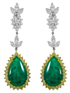 LARGE 21.65CT WHITE & FANCY YELLOW DIAMOND & EMERALD 18KT 2 TONE GOLD EARRINGS