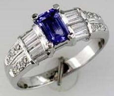1.24CT DIAMOND & AAA TANZANITE 14KT WHITE GOLD ROUND & BAGUETTE ENGAGEMENT RING