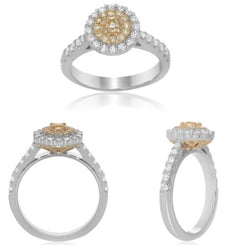 .92CT WHITE & FANCY YELLOW DIAMOND 18KT TWO TONE GOLD 3D ROUND & CUSHION RING