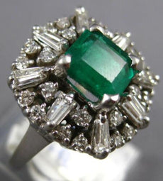 ANTIQUE WIDE 4.43CT DIAMOND & AAA EMERALD 14K WHITE GOLD 3D CUSHION CLUSTER RING