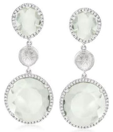 LARGE 18.34CT DIAMOND & AAA GREEN AMETHYST 14KT WHITE GOLD CIRCULAR FUN EARRINGS