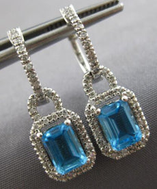 2.38 DIAMOND & AAA BLUE TOPAZ 14K WHITE GOLD EMERALD CUT & ROUND EARRINGS #28159