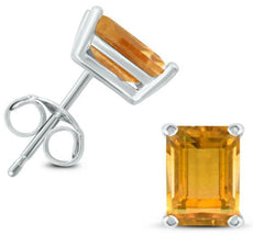 1.26CT AAA CITRINE 14KT WHITE GOLD 3D EMERALD CUT CLASSIC SOLITARE STUD EARRINGS