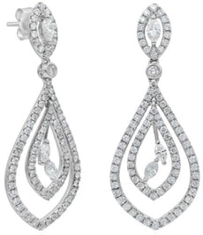 1.81CT DIAMOND 14KT WHITE GOLD ROUND & MARQUISE TEAR DROP LEAF HANGING EARRINGS