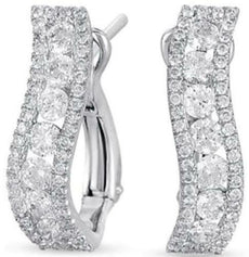 .88CT DIAMOND 14KT WHITE GOLD 3D 3 ROW SWIRL WAVE CLIP ON BAR HANGING EARRINGS