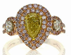 2.04CT WHITE PINK & FANCY YELLOW DIAMOND 18K TRI COLOR GOLD HALO ENGAGEMENT RING