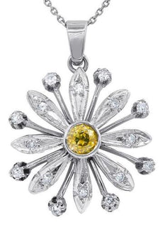 1.5CT WHITE & FANCY YELLOW DIAMOND 14KT WHITE GOLD FLOWER LOVE FLOATING PENDANT