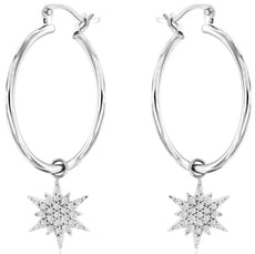 ESTATE .20CT DIAMOND 14K WHITE GOLD CLUSTER STAR CHARM FUN HOOP HANGING EARRINGS