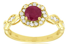1.04CT DIAMOND & AAA RUBY 14KT YELLOW GOLD 3D ROUND FLOWER FRIENDSHIP LOVE RING