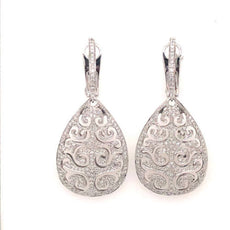 LARGE 1.22CT DIAMOND 18KT WHITE GOLD 3D OPEN FILIGREE TEAR DROP HANGING EARRINGS