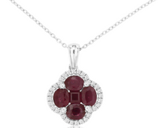 1.28CT DIAMOND & AAA RUBY 14K WHITE GOLD OVAL & PRINCESS FLOWER FLOATING PENDANT