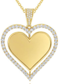 2.16CT DIAMOND 14K YELLOW GOLD 3D ENGRAVEABLE DOUBLE HEART LOVE FLOATING PENDANT