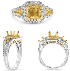 .66CT WHITE & FANCY YELLOW DIAMOND 18K 2 TONE GOLD FILIGREE HALO SEMI MOUNT RING