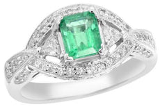 1.39CT DIAMOND & AAA EMERALD 18K WHITE GOLD ROUND SQUARE & TRILLION 3 STONE RING