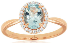 1.24CT DIAMOND & AAA AQUAMARINE 14KT ROSE GOLD OVAL & ROUND HALO ENGAGEMENT RING