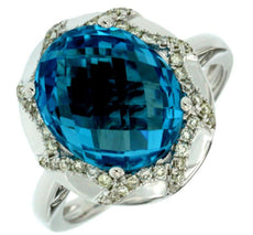 3.55CT DIAMOND & AAA BLUE TOPAZ 14KT WHITE GOLD 3D OVAL & ROUND FUN FLORAL RING