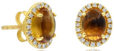 2.27CT DIAMOND & AAA CITRINE 14K YELLOW GOLD CABOCHON OVAL & ROUND STUD EARRINGS