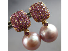 ESTATE LARGE 1.45CT AAA PINK RHODOLITE & PINK SOUTH SEA PEARL 18K ROSE GOLD 3D EARRINGS