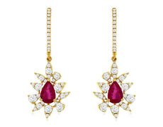 1.65CT DIAMOND & AAA RUBY 14KT YELLOW GOLD 3D FLOWER LEVERBACK HANGING EARRINGS
