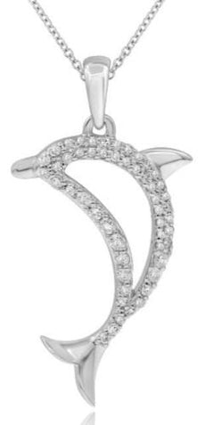 ESTATE .18CT DIAMOND 14KT WHITE GOLD 3D CLASSIC HAPPY DOLPHIN FLOATING PENDANT