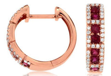 ESTATE .77CT DIAMOND & AAA RUBY 14KT ROSE GOLD 3D HUGGIE HOOP HANGING EARRINGS