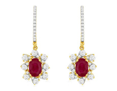 1.72CT DIAMOND & AAA RUBY 14K YELLOW GOLD OVAL FLOWER LEVERBACK HANGING EARRINGS