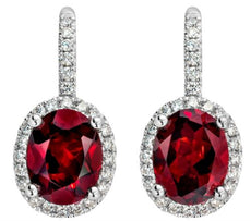 4.61CT DIAMOND & AAA RHODOLITE 14K WHITE GOLD OVAL & ROUND HALO HANGING EARRINGS