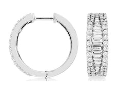 1.28CT DIAMOND 14KT WHITE GOLD ROUND & BAGUETTE GRADUATING HOOP HANGING EARRINGS