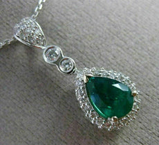 ANTIQUE 1.31CT DIAMOND & COLOMBIAN EMERALD 14KT WHITE GOLD PEAR PENDANT #21007