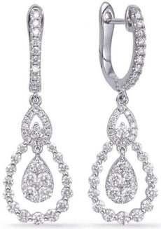 1.21CT DIAMOND 14KT WHITE GOLD CLUSTER OPEN TEAR DROP LEVERBACK HANGING EARRINGS