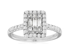 .55CT DIAMOND 14KT WHITE GOLD 3D ROUND & BAGUETTE CLUSTER SQUARE HALO LOVE RING