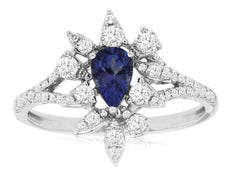 .87CT DIAMOND & AAA TANZANITE 14KT WHITE GOLD PEAR SHAPE & ROUND FLOWER FUN RING