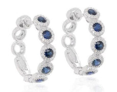 1.31CT DIAMOND & AAA SAPPHIRE 14KT WHITE GOLD MULTI FLOWER HOOP HANGING EARRINGS