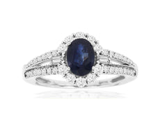 1.56CT DIAMOND & AAA SAPPHIRE 14KT WHITE GOLD OVAL ROUND & BAGUETTE FLOWER RING
