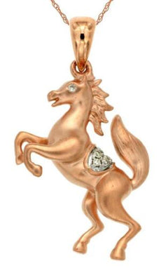 ESTATE .03CT DIAMOND 14K ROSE GOLD 3D HAPPY HORSE MATTE & SHINY FLOATING PENDANT