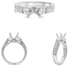 .90CT DIAMOND 14KT WHITE GOLD 3D ROUND 3 STONE 4 PRONG FILIGREE SEMI MOUNT RING