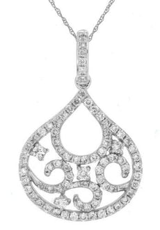 .45CT DIAMOND 14K WHITE GOLD 3D CLASSIC OPEN FILIGREE TEAR DROP FLOATING PENDANT
