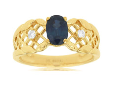 1.10CT DIAMOND & AAA SAPPHIRE 14K YELLOW GOLD 3D OVAL & ROUND OPEN FILIGREE RING