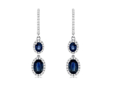2.06CT DIAMOND & AAA SAPPHIRE 14KT WHITE GOLD OVAL & ROUND HALO HANGING EARRINGS