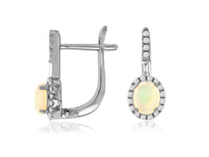 .60CT DIAMOND & AAA OPAL 14KT WHITE GOLD OVAL ROUND & BAGUETTE HANGING EARRINGS