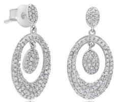 ESTATE .59CT DIAMOND 14KT WHITE GOLD ROUND CLUSTER TRIPLE OVAL HANGING EARRINGS