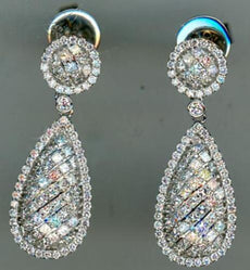 LARGE 3.07CT DIAMOND 14KT WHITE GOLD ROUND & PRINCESS TEAR DROP FLORAL EARRINGS