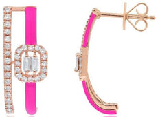 .55CT DIAMOND & PINK ENAMEL 14KT ROSE GOLD ROUND & BAGUETTE DOUBLE BAR EARRINGS
