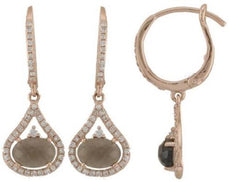 1.54CT DIAMOND & AAA SMOKY QUARTZ 14K ROSE GOLD 3D OVAL & ROUND HANGING EARRINGS