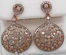 1.80CT DIAMOND 14K ROSE GOLD FLOWER OPEN FILIGREE TEAR DROP FUN HANGING EARRINGS